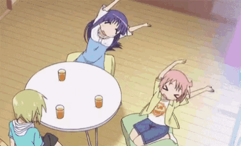 three anime characters are sitting around a table with their arms outstretched .