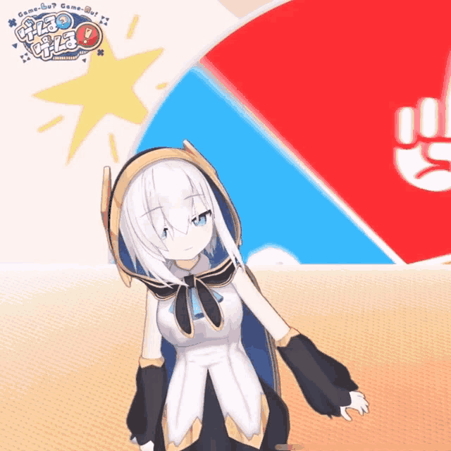a girl with white hair is standing in front of a banner that says game day