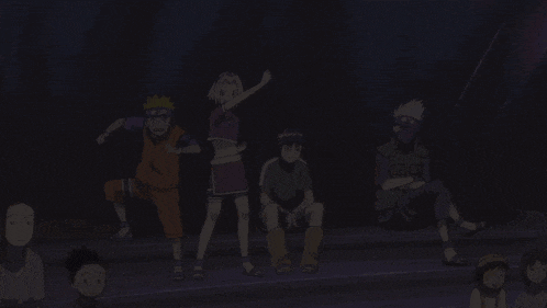 a group of anime characters are standing and sitting in the dark