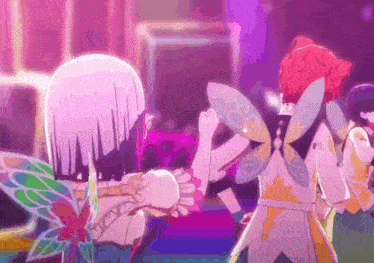 a group of anime characters are dancing in a room with purple lights .