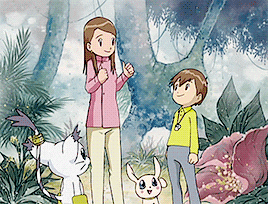 a boy and a girl are standing next to each other in a cartoon scene