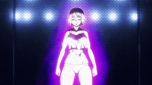 a woman in a bikini is standing in front of a purple light behind a fence .