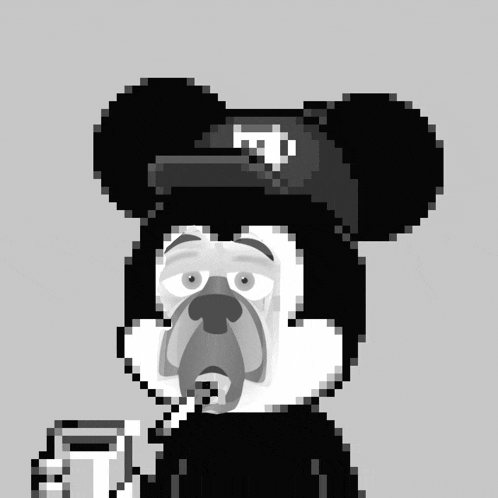 a black and white drawing of a mickey mouse wearing a hat with the letter t on it