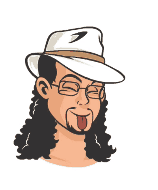 a cartoon of a man wearing a white hat and glasses sticking out his tongue