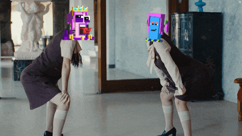 two women standing next to each other with pixelated faces on them