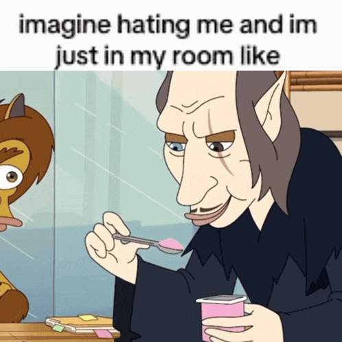 a cartoon of a man eating yogurt with the words imagine hating me and im just in my room like