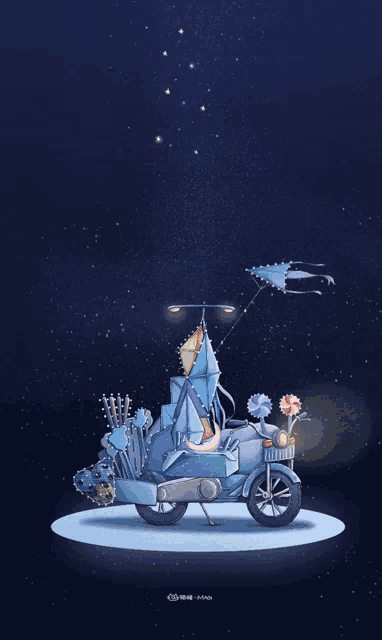 a drawing of a motorcycle with a tent on top of it and flowers on the side