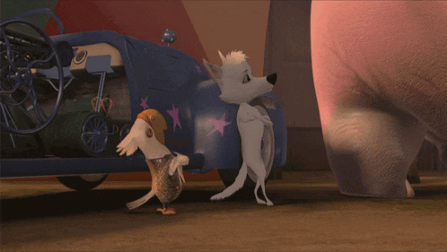 two cartoon animals are standing next to each other in front of a blue car with stars on the side