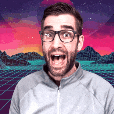 a man with glasses and a beard has his mouth wide open