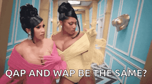 two women are standing next to each other in a hallway and the words qap and wap be the same are written on the screen .
