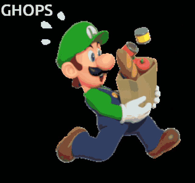 a cartoon of a man carrying a bag of groceries with the word ghops below him