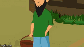 a man in a green shirt is holding a cane and a golf ball .