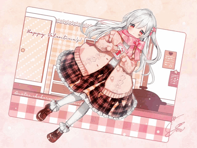 a valentine 's day card with a girl in a plaid skirt and sweater