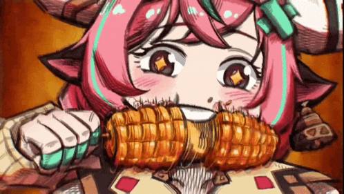 a cartoon of a girl with pink hair eating corn on the cob