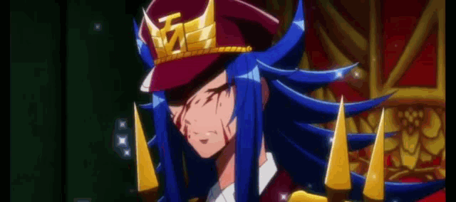 a close up of a person wearing a red hat with a crown on it and blue hair .