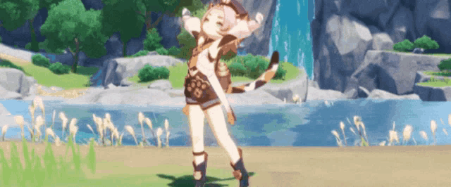 a girl is standing in front of a waterfall in a video game .