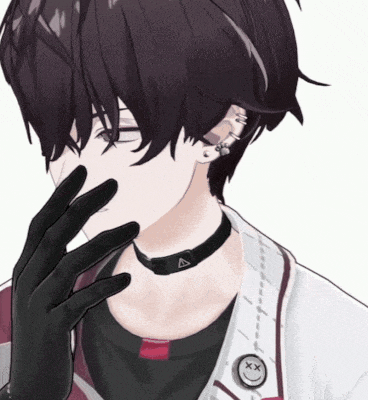 a boy with a choker and a smiley face on his shirt is covering his face with his hand