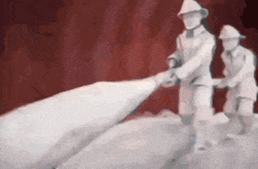a drawing of two firemen spraying water on a fire