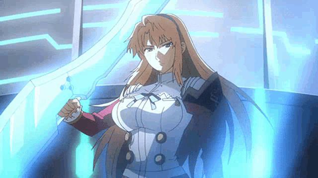 a girl with long hair is holding a sword with a blue background