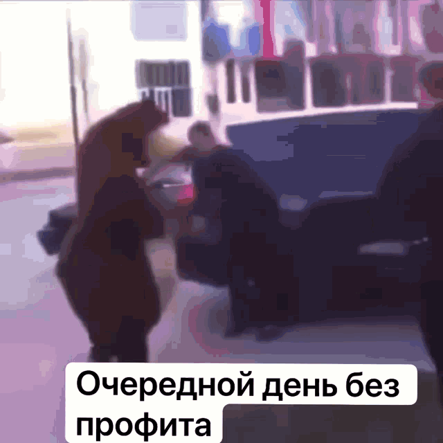 a bear is standing in front of a car with the words " очередной день без profita " written below it