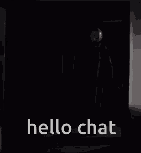 a man in a mask is standing in a dark room with the words hello chat above him .