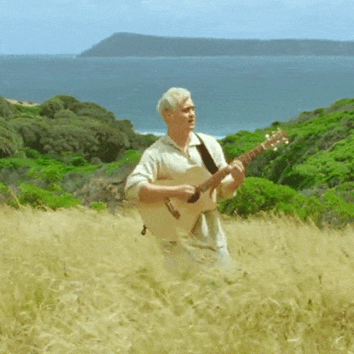 a man is standing in a field playing a guitar .