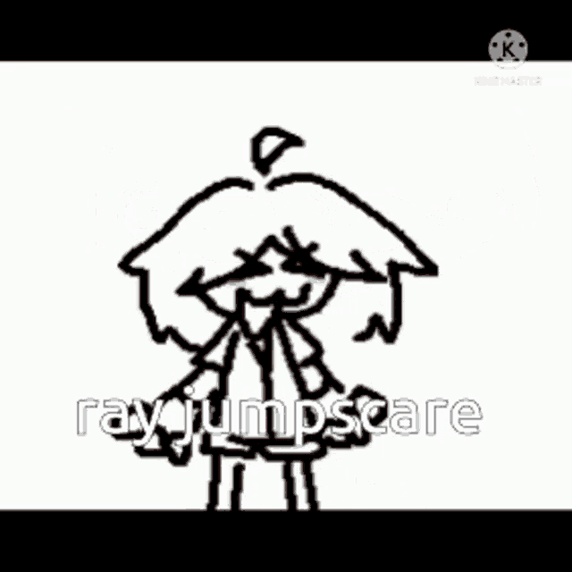a drawing of a girl with red eyes and the words ray jump scare