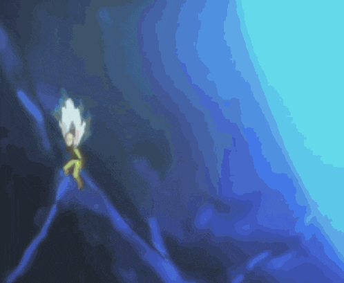 a cartoon character is flying through a blue sky