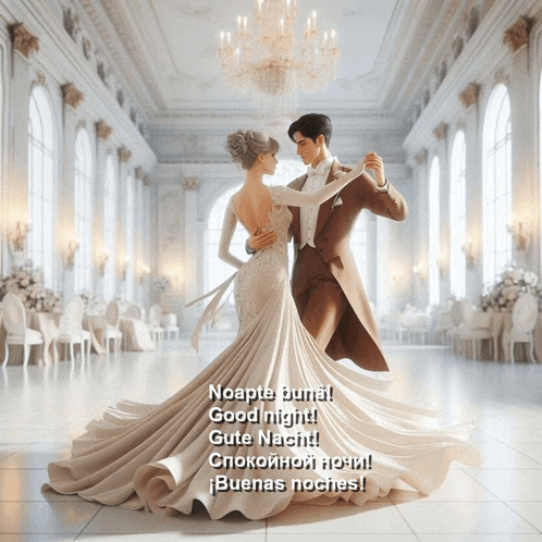 a man and a woman are dancing in a ballroom with the words noapte buna good night gute nacht written below them