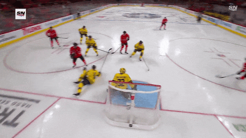 a hockey game is being played with a sn logo in the background