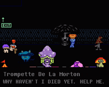 a screenshot of a video game that says trompette de la morton why haven t i died yet help me