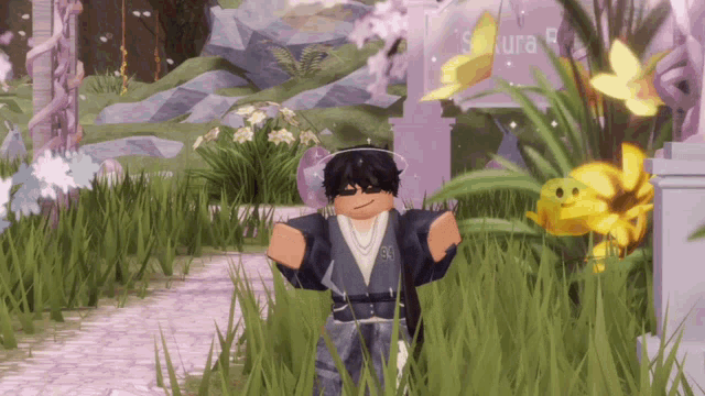 a person in a video game is standing in a field with flowers and a sign that says sakura
