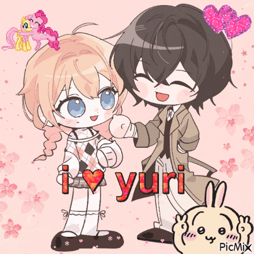 a girl and a boy are standing next to each other with the words i love yuri above them