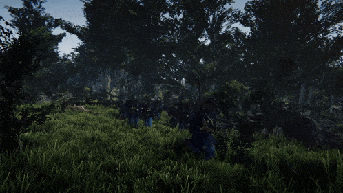 a group of soldiers are walking through a forest