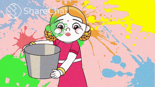 a cartoon drawing of a girl holding a bucket of water with the words sharechat below her