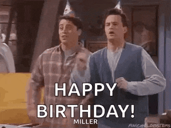 two men wearing party hats are standing next to each other and saying `` happy birthday ! ``