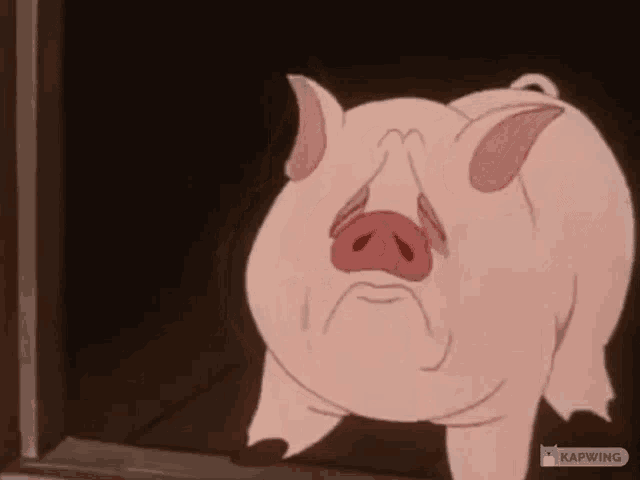 a cartoon pig is standing in front of a window with a sad look on its face .