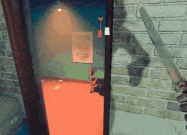 a shadow of a person is cast on a brick wall in a video game