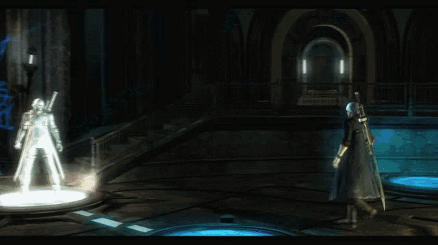 a man with a sword is standing in front of a statue