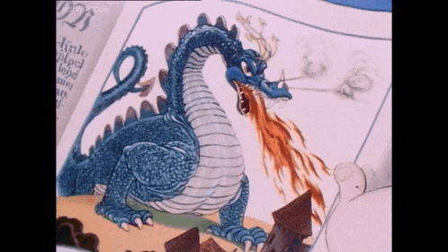 a cartoon drawing of a blue dragon with fire coming out of its mouth .