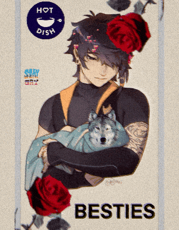 a drawing of a man holding a wolf with the word besties on the bottom