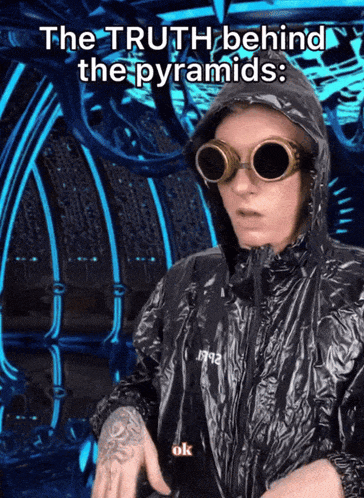 a man wearing goggles and a hooded jacket with the words the truth behind the pyramids
