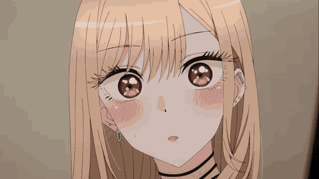 a close up of a blonde anime girl with red eyes and a choker around her neck