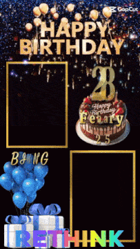 a birthday card with a cake and balloons