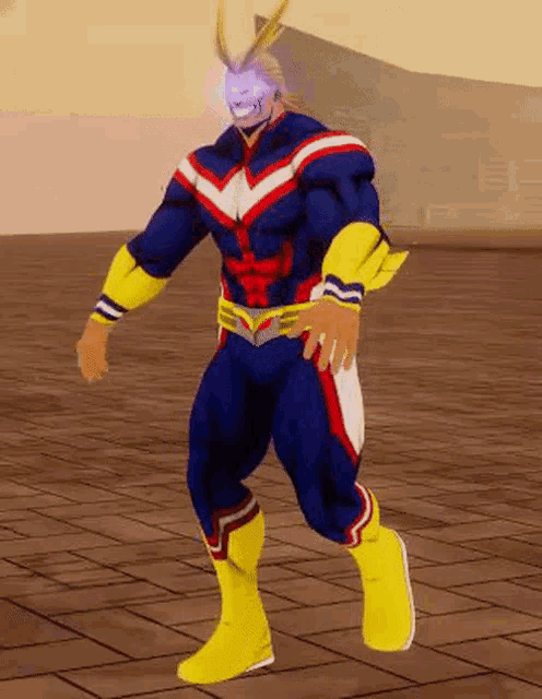 all might from my hero academia is dancing in a video game while wearing a superhero costume .