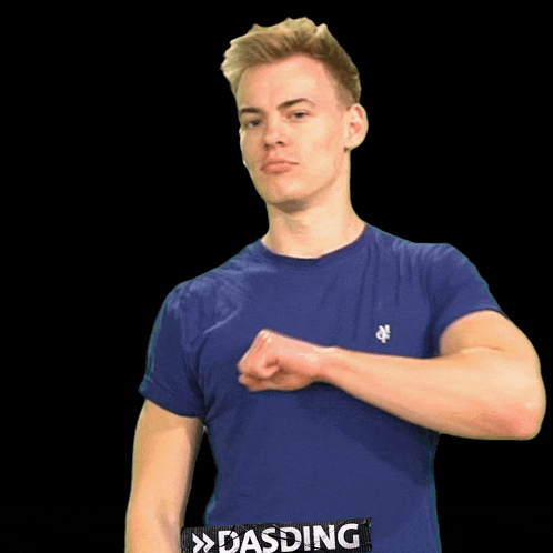 a man wearing a blue shirt has the word dasding on the bottom of his shirt
