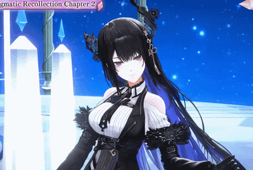 a girl in a black and white outfit is standing in front of a sign that says gmatic recollection chapter 2