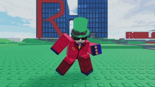 a cartoon character in a red suit and green top hat is standing in front of a large building with the letter r on it