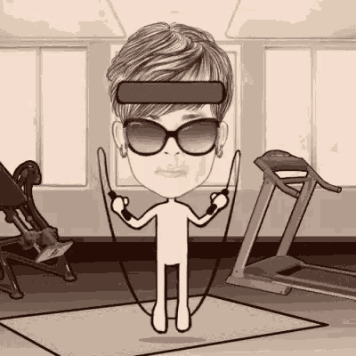 a woman is jumping a jump rope in a gym while wearing sunglasses .