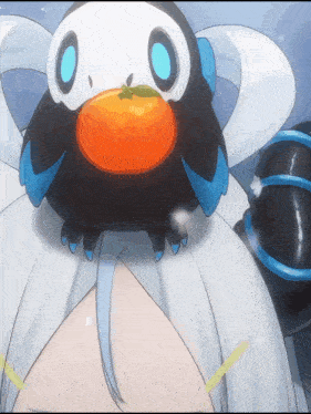 a black and white bird with an orange in its mouth